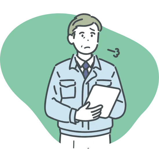 不安そうにタブレットを持つ作業着姿の男性のイラスト