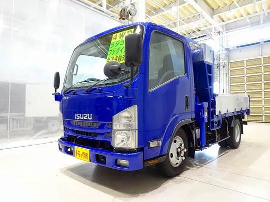 【年次点検済】エルフ 2t 4WD 高床 標準セミロング アルミブロック タダノ4段クレーン付